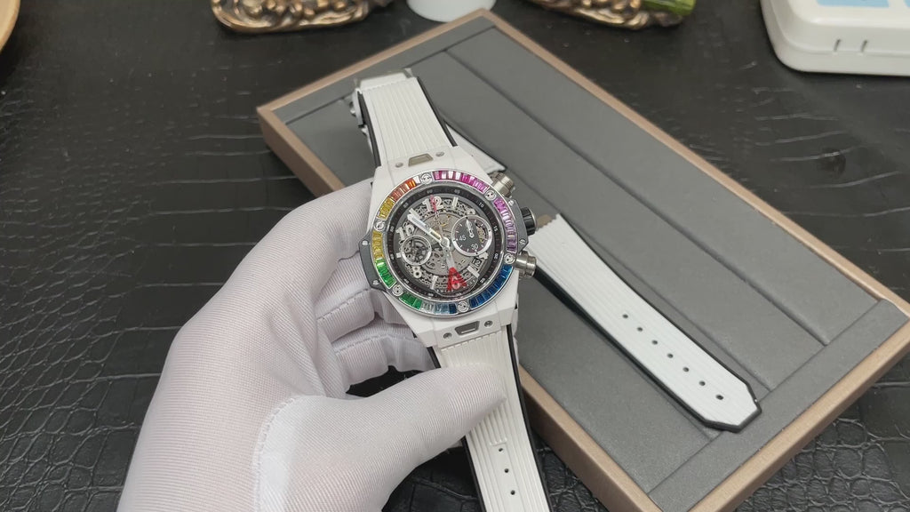 HUBLOT Big Bang White Ceramic T-Square Rainbow Drill Ring