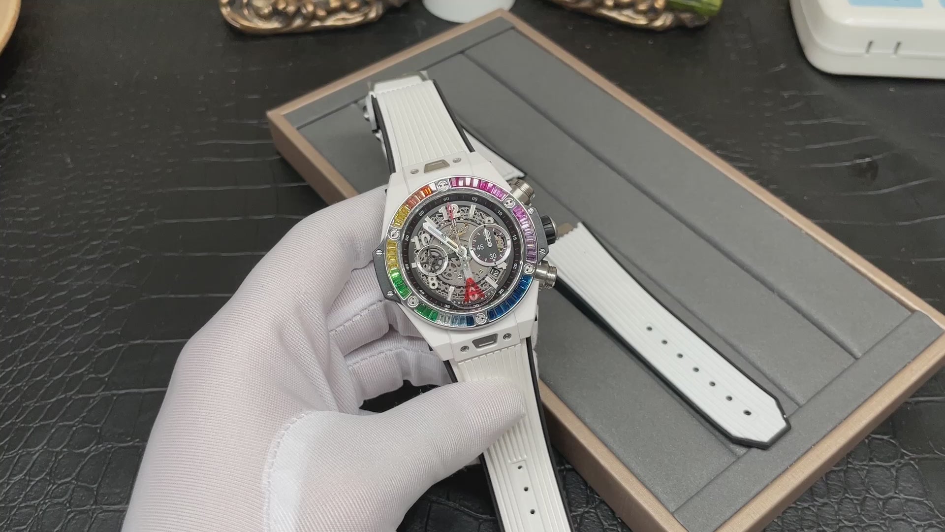 HUBLOT Big Bang White Ceramic T-Square Rainbow Drill Ring