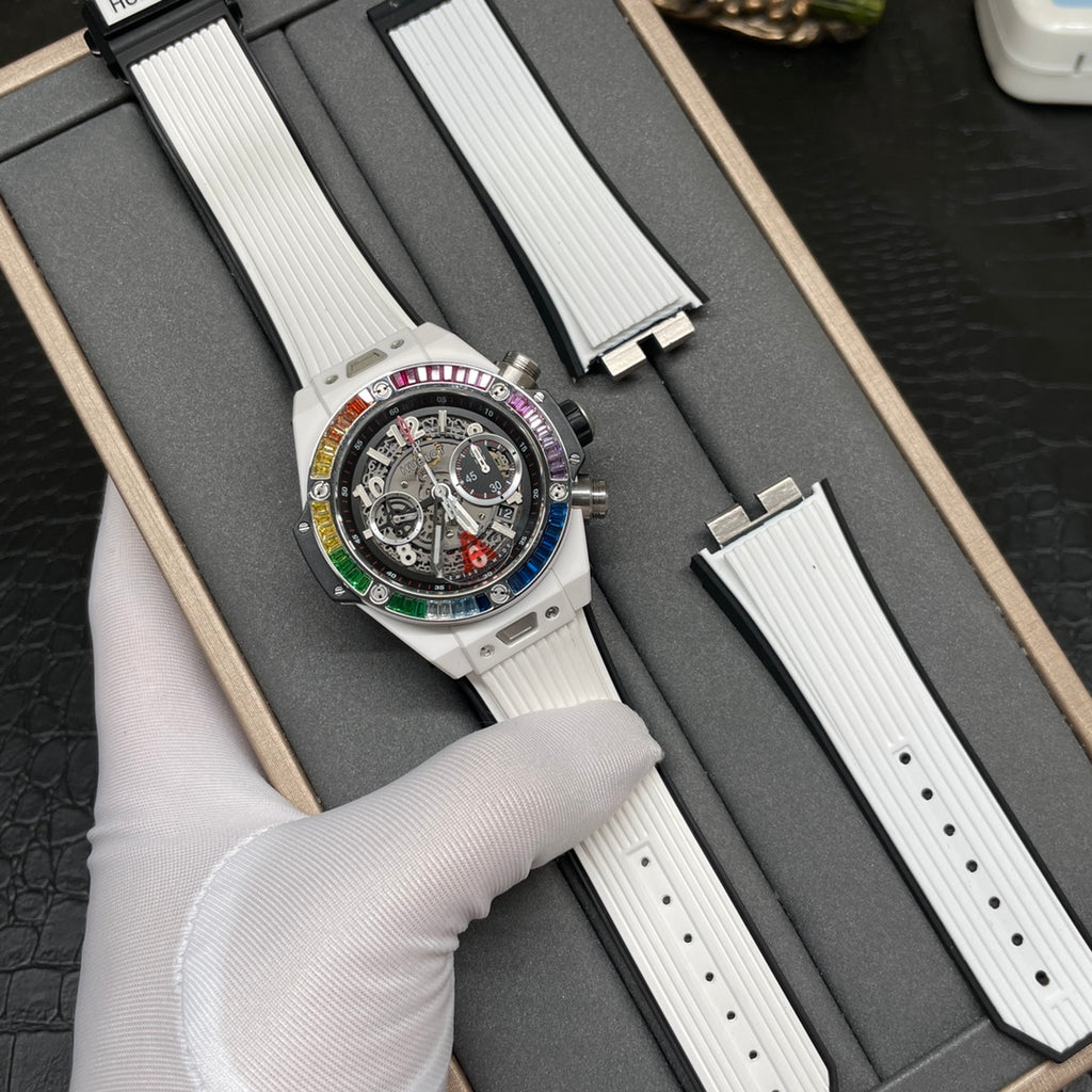 HUBLOT Big Bang White Ceramic T-Square Rainbow Drill Ring