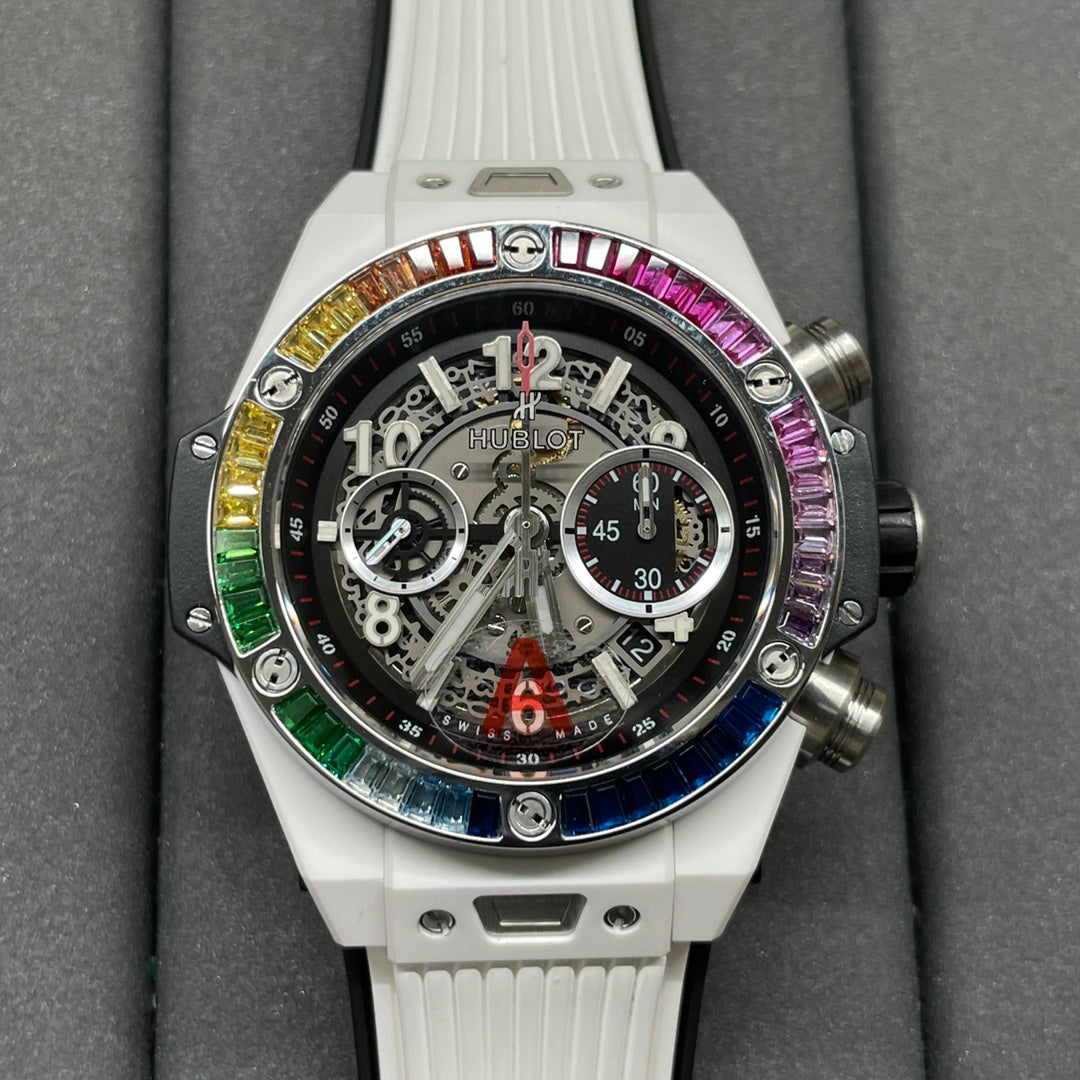 HUBLOT Big Bang White Ceramic T-Square Rainbow Drill Ring