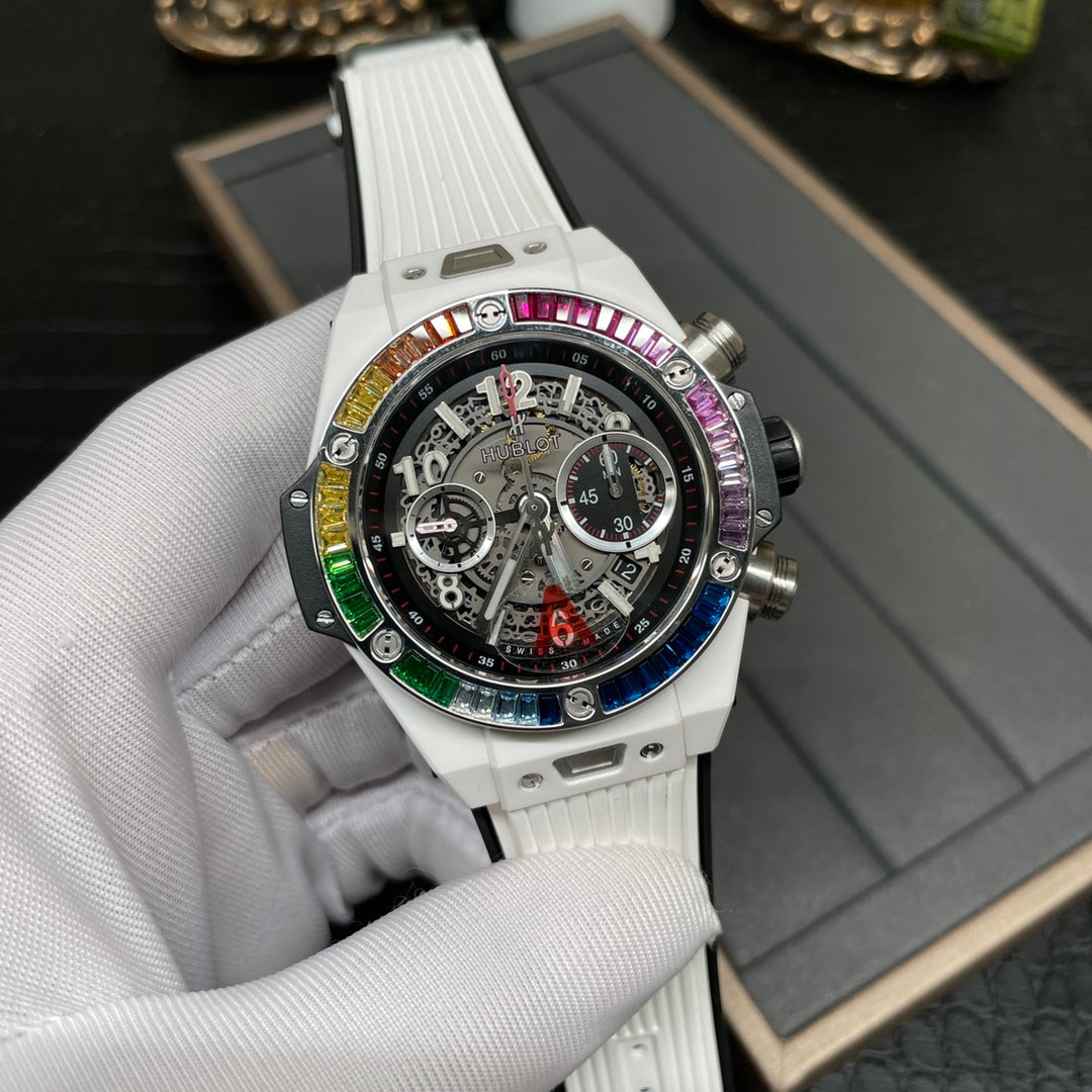 HUBLOT Big Bang White Ceramic T-Square Rainbow Drill Ring