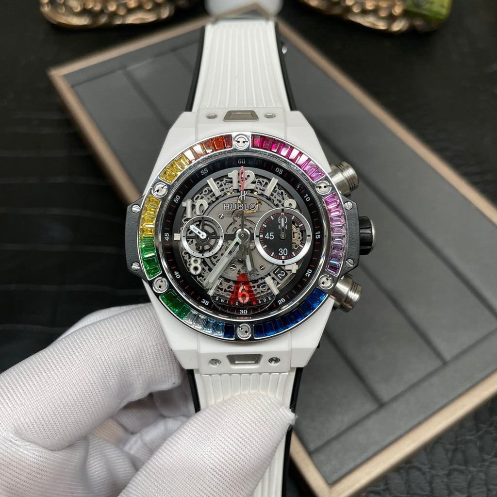 HUBLOT Big Bang White Ceramic T-Square Rainbow Drill Ring