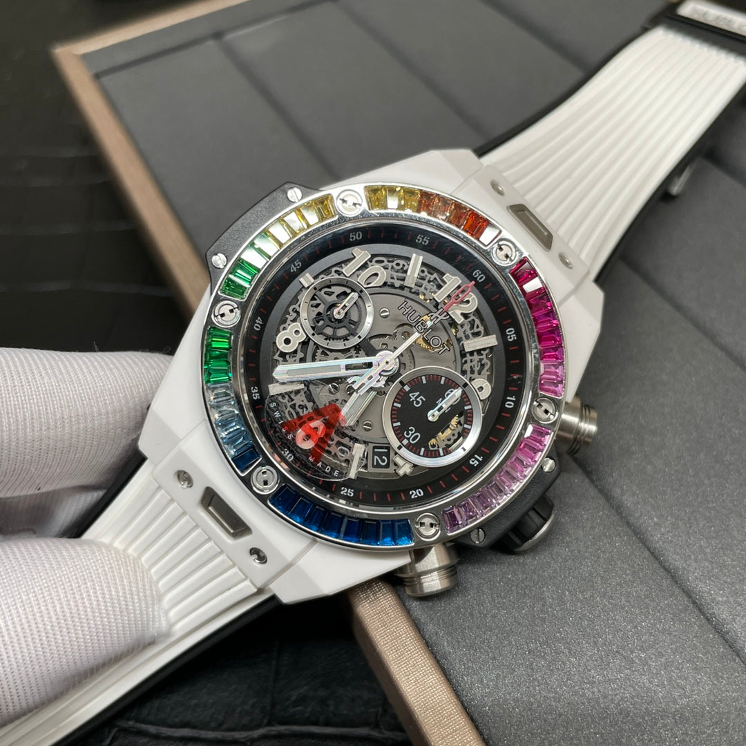 HUBLOT Big Bang White Ceramic T-Square Rainbow Drill Ring