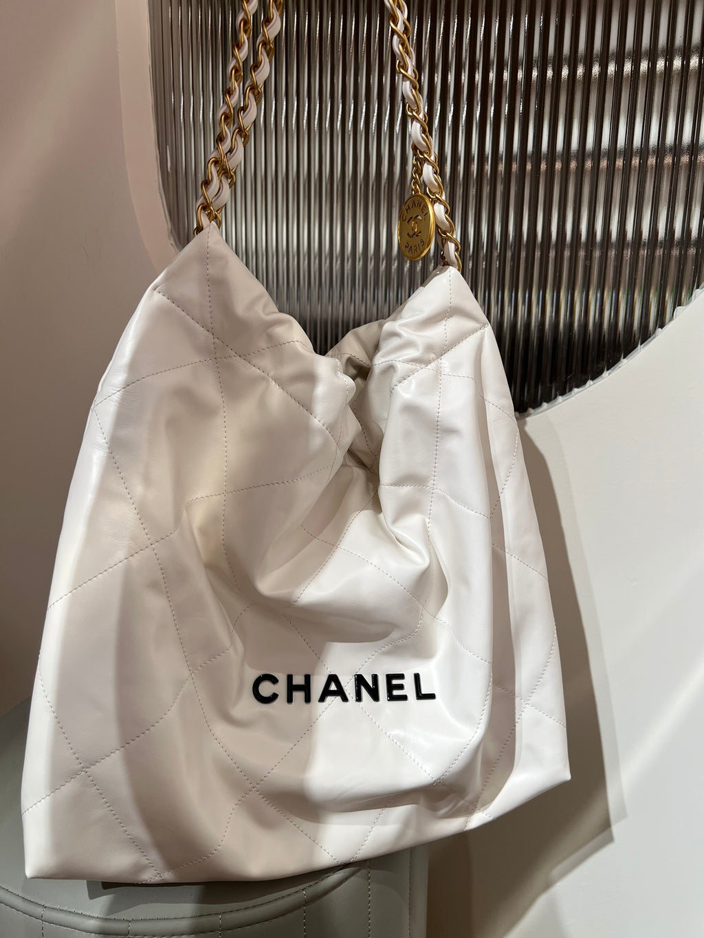 22Bag white with black buckle, top-quality original calf leather