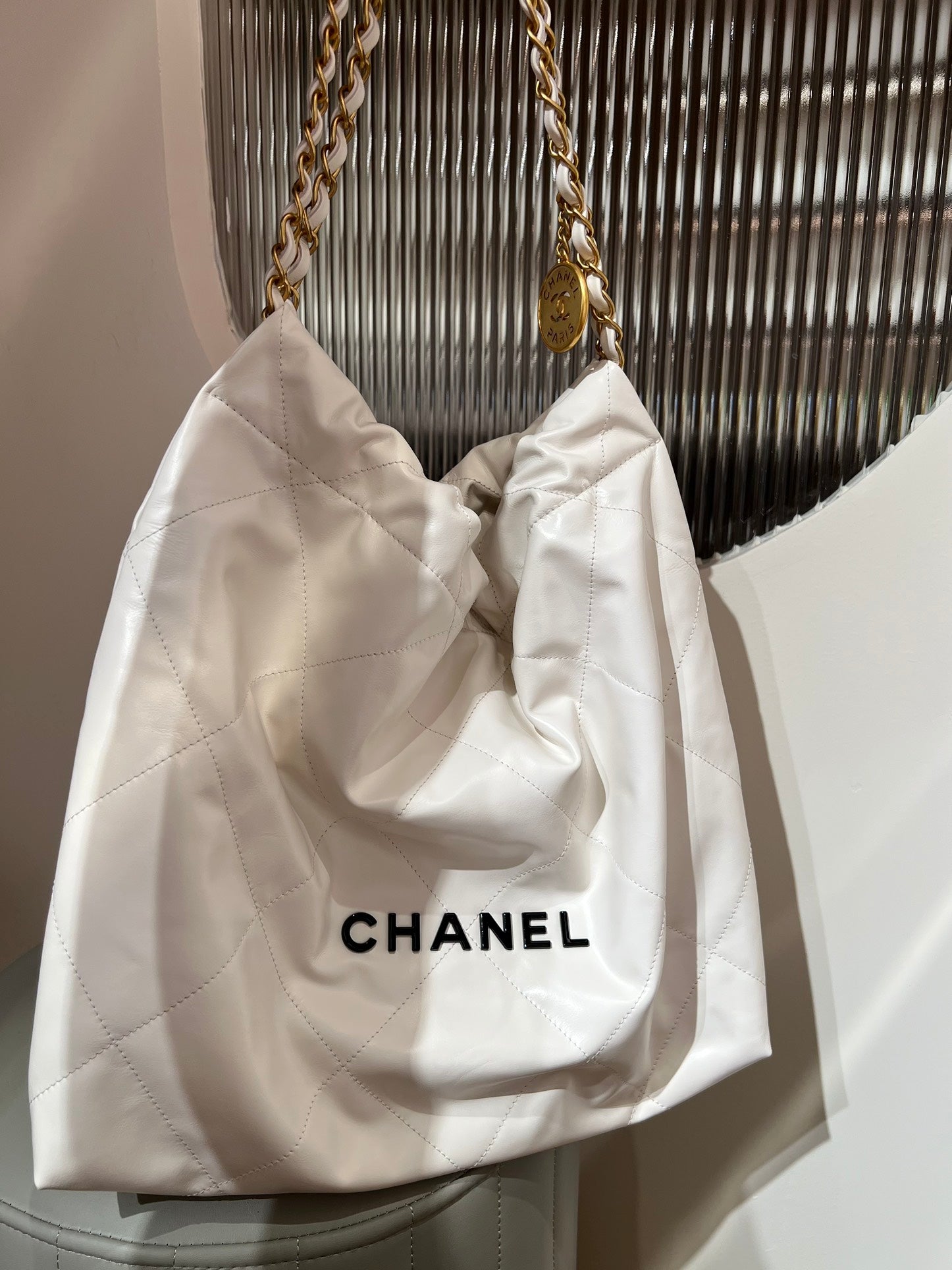 22Bag white with black buckle, top-quality original calf leather