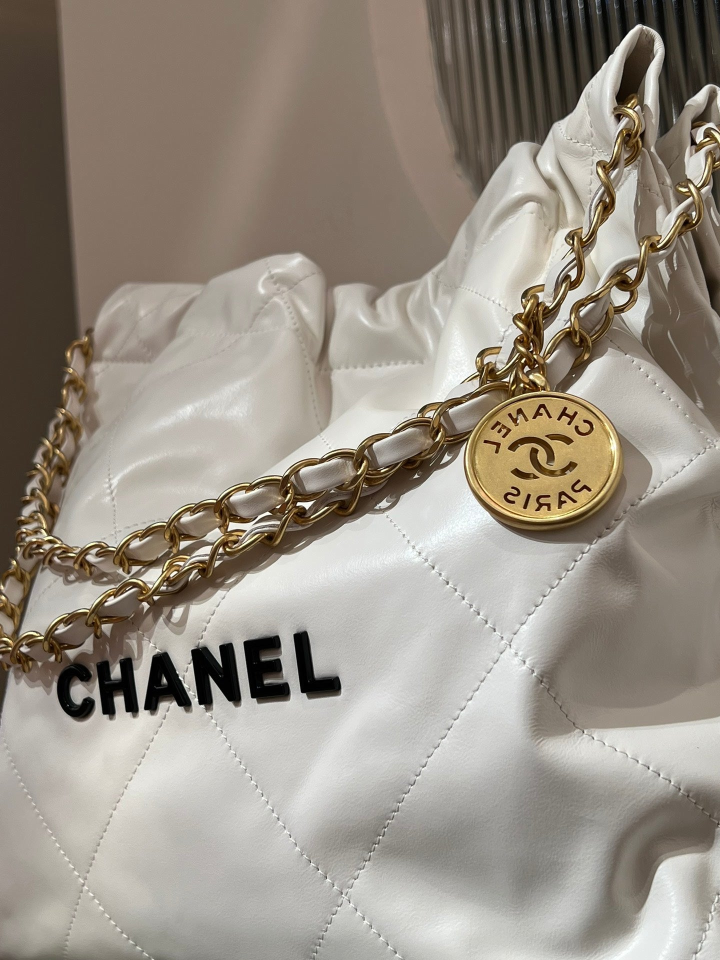 22Bag white with black buckle, top-quality original calf leather