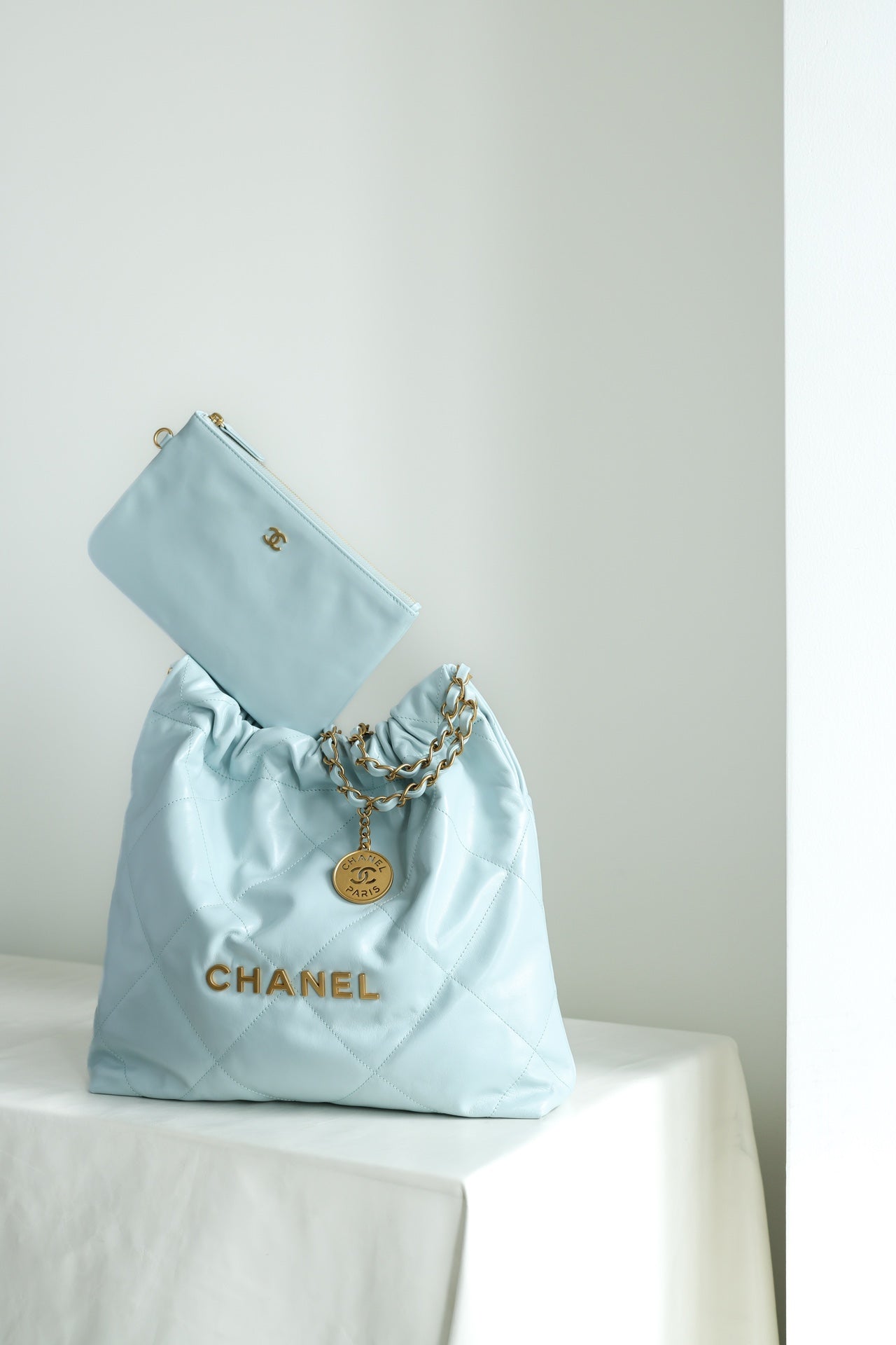 Classic 22 Handbag Haze Cream Blue ZP Leather Shipment